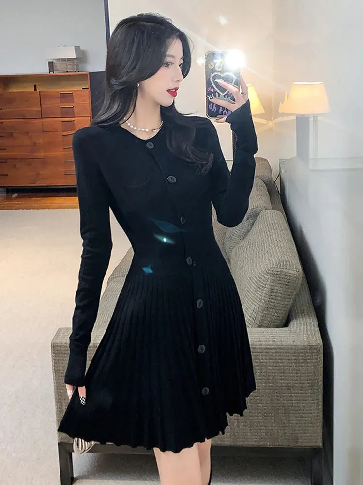 women vintage knittied dress basics black pleated A-line skirt Elegant slim   long sleeve bottoming sweater skirt vestidos 2022