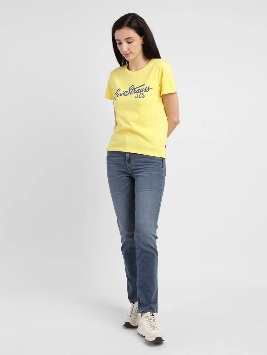 Women's Brand Logo Round Neck T-shirt Yellow
